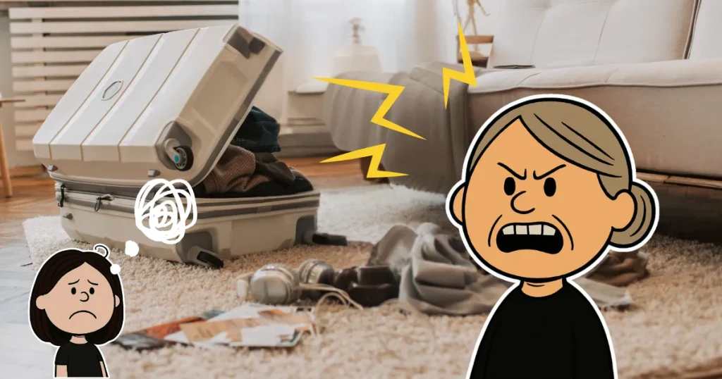 スーツケースの前で怒るハハ子