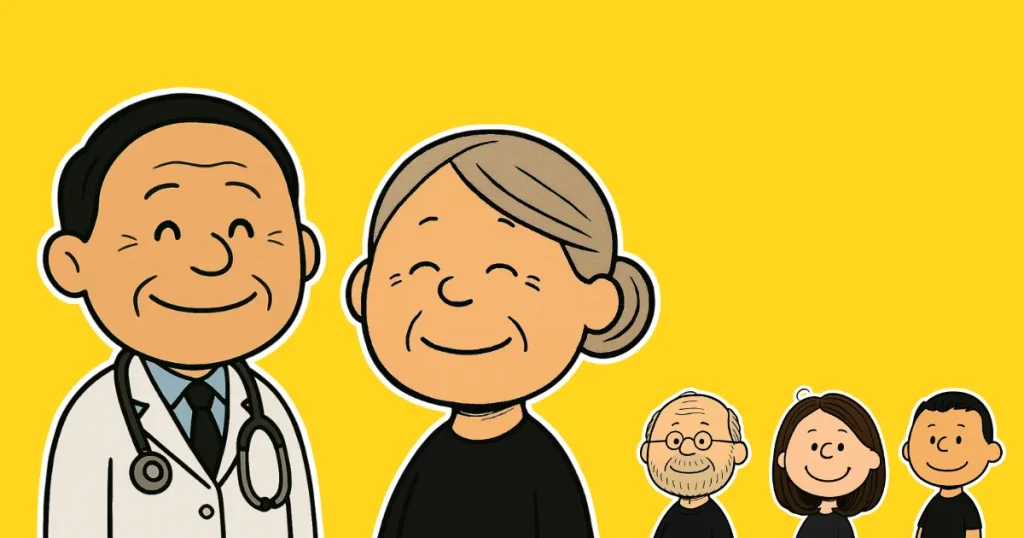 お医者さんとハハ子と家族が笑ている